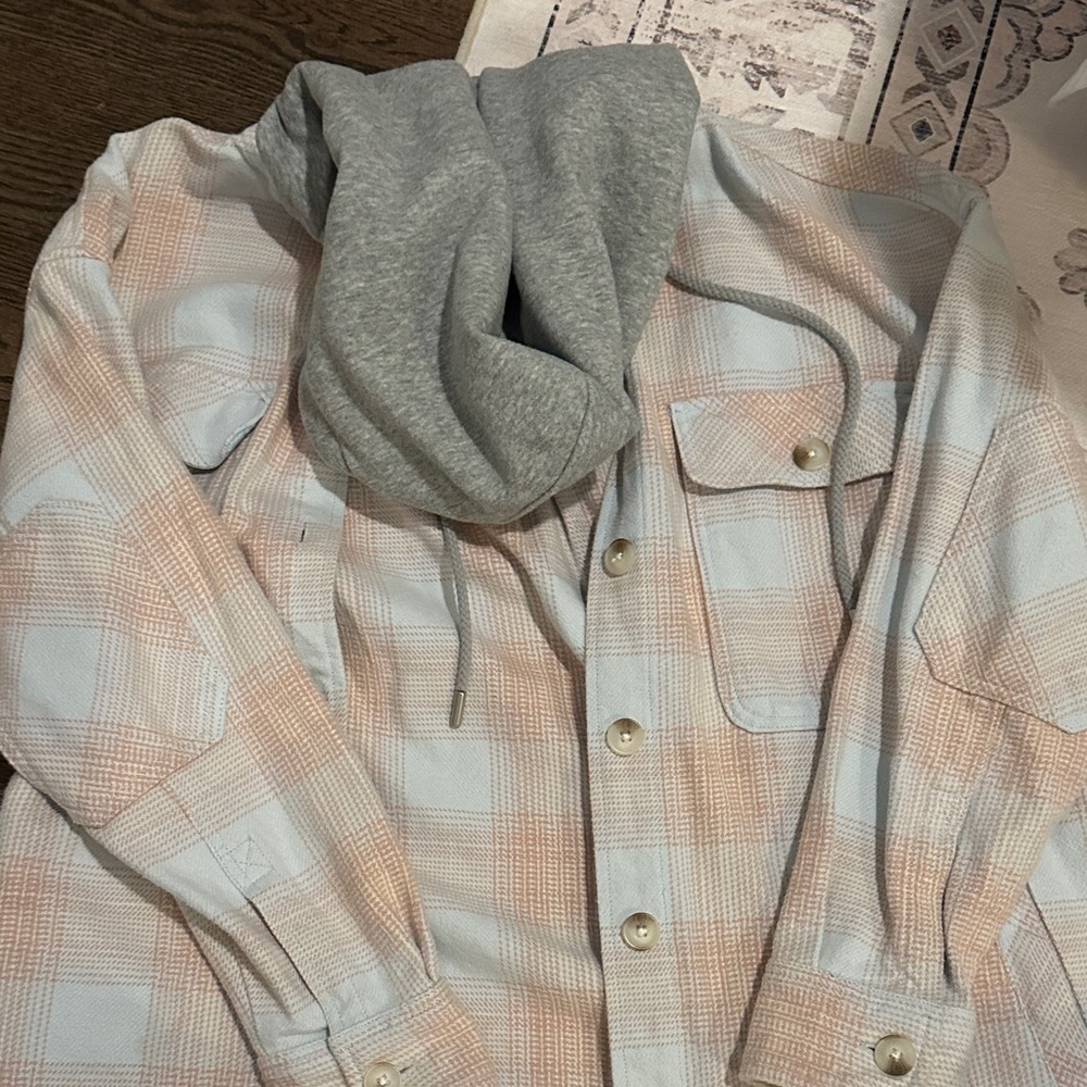 BDG Gray and Cream Plaid Jacket with Hood